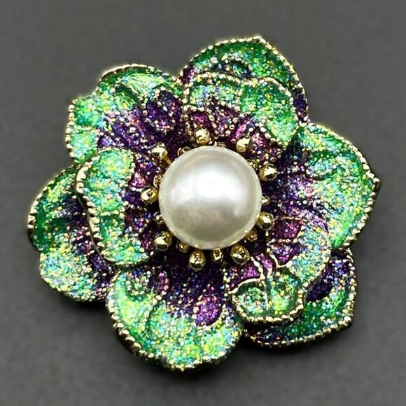 Yellow Gold Glittery Pearl with Purple and Green Enamel Flower Pin Back Brooch - Picture 1 of 7
